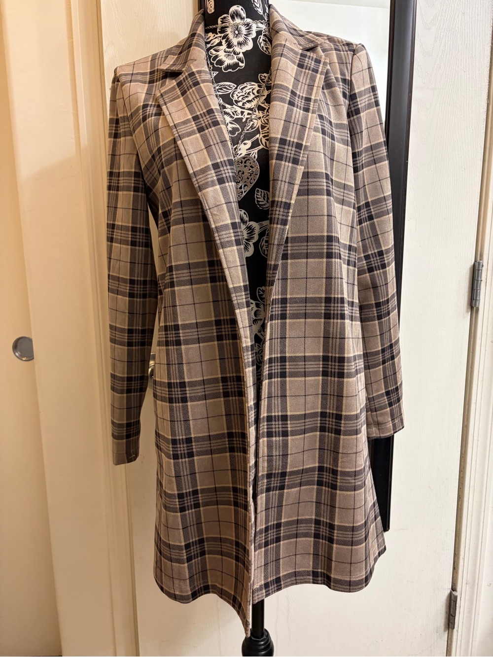 Plaid Open Front Long Blazer Coat - Taupe and Black